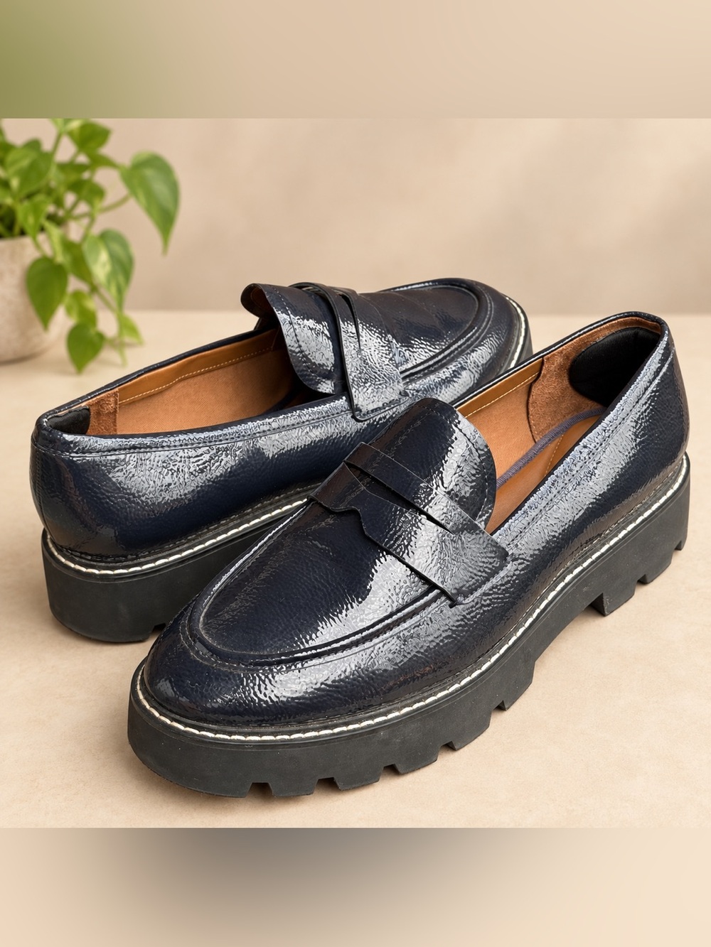 Franco Sarto Navy Patent Chunky Lug Sole Penny Loafers Women’s 11W